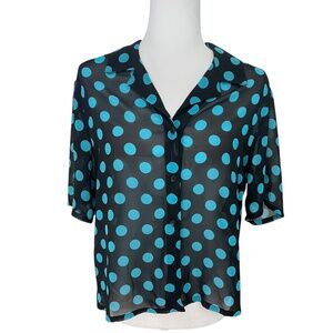 Vintage Blue & Black Polka Dot Sheer Short-Sleeve Button-Down Shirt Size 10